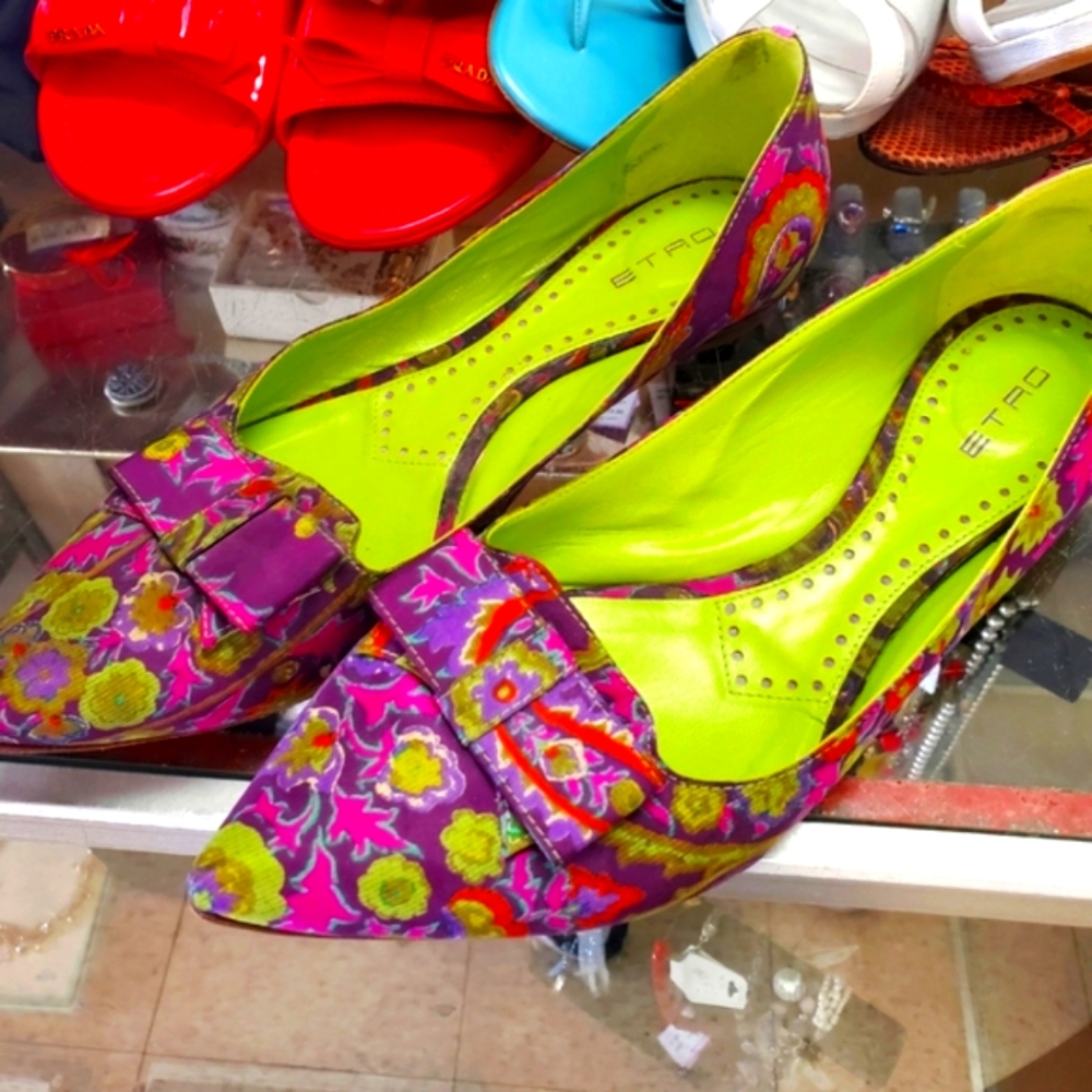 ETRO-size39 1/2-flat shoes-Leather/fabric- Lilac multi paisley print-bow accent - Picture 2 of 8